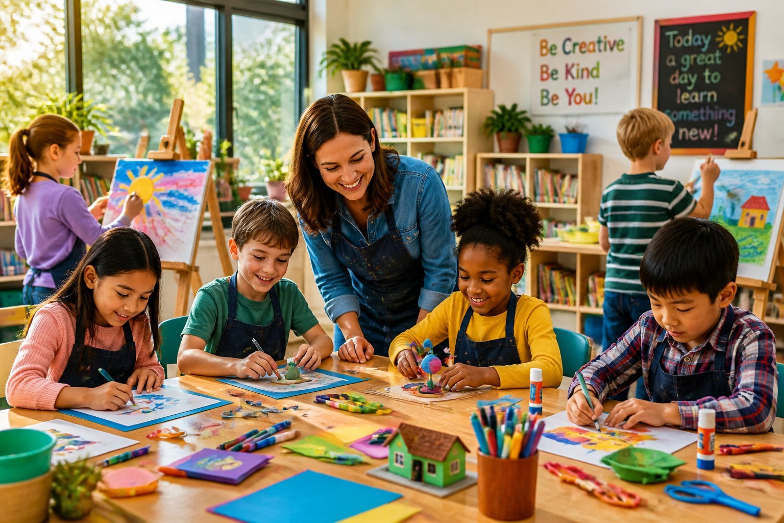 Children engaged in various creative learning activities around a table in a bright classroom with a teacher assisting them.
