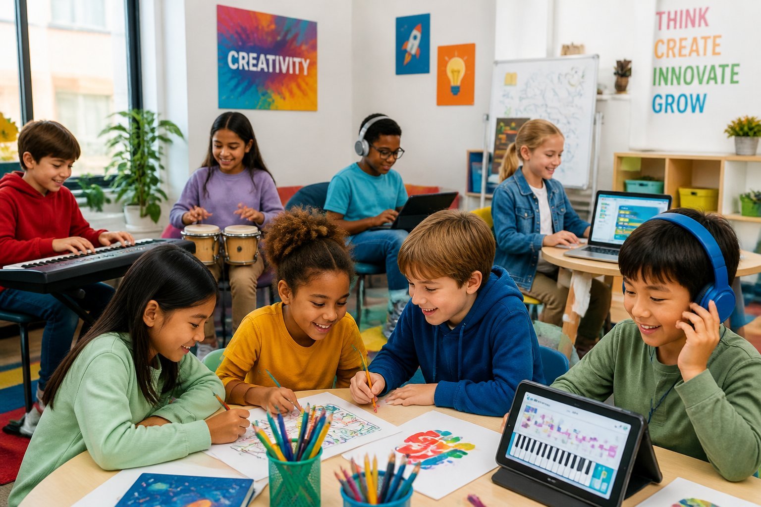 A group of children working together with musical instruments, tablets, and art supplies in a bright classroom.