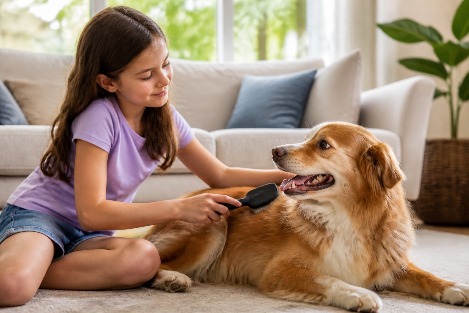 A child gently cares for a relaxed dog in a bright, welcoming home.