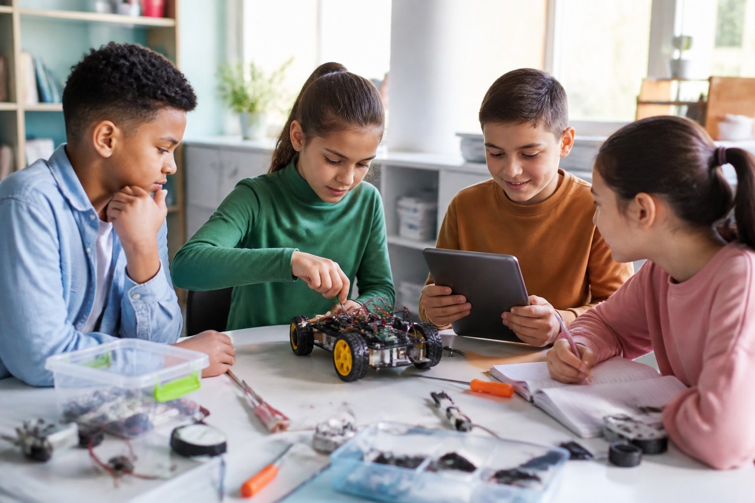 Children collaborate on a hands-on robotics project in a classroom while using digital tools and measuring components.