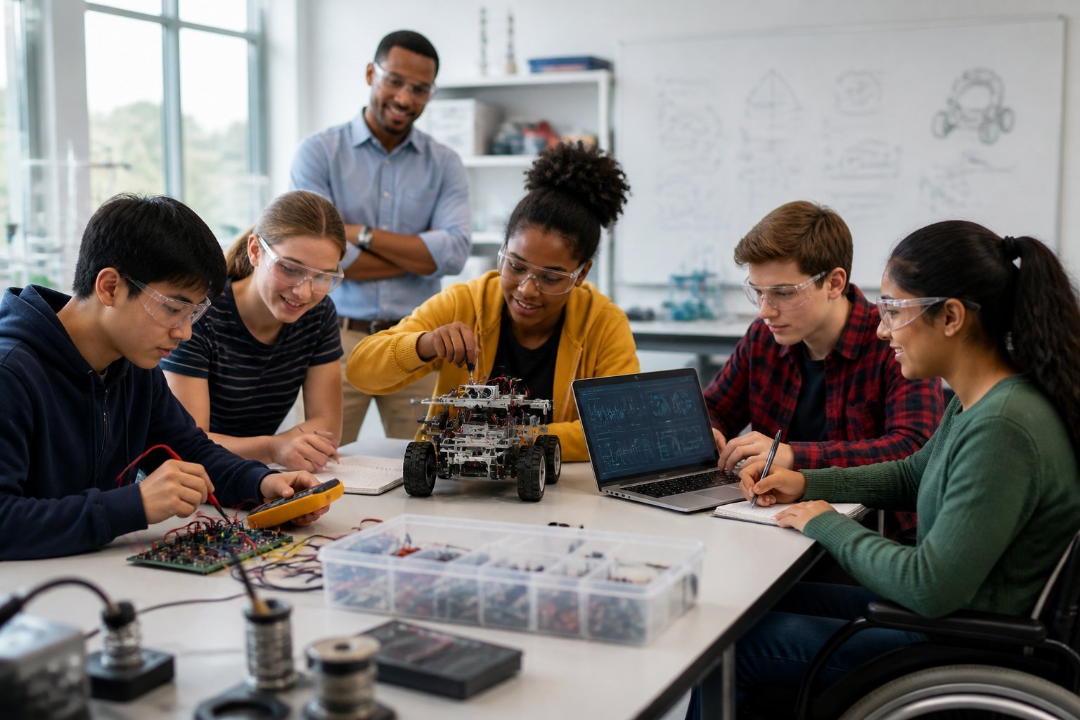 Students collaborate on a robotics and circuitry project in a modern STEM classroom with guidance from an educator.