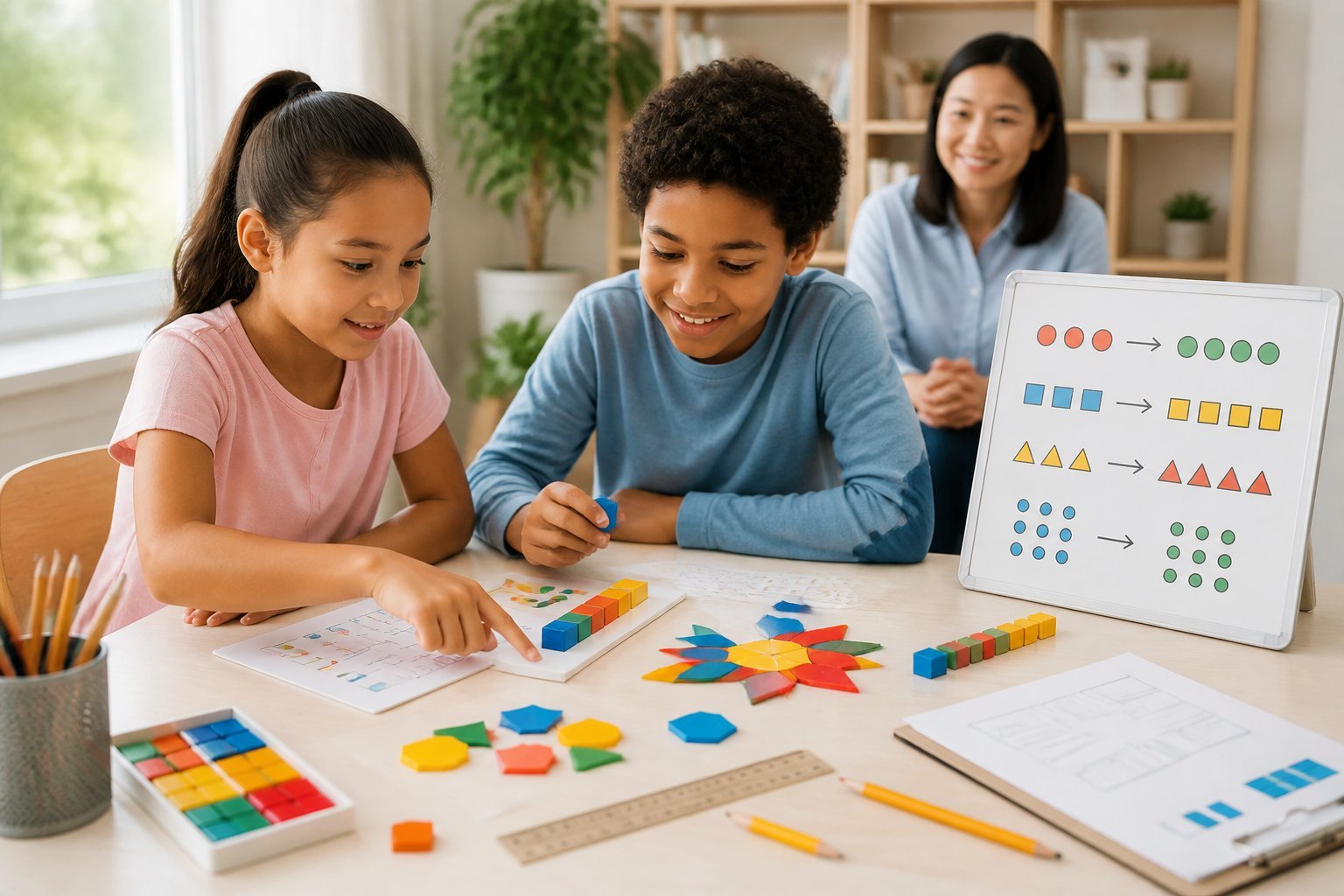 Two children work together on a math activity using blocks, shapes, and visual patterns at a table while an adult offers support.