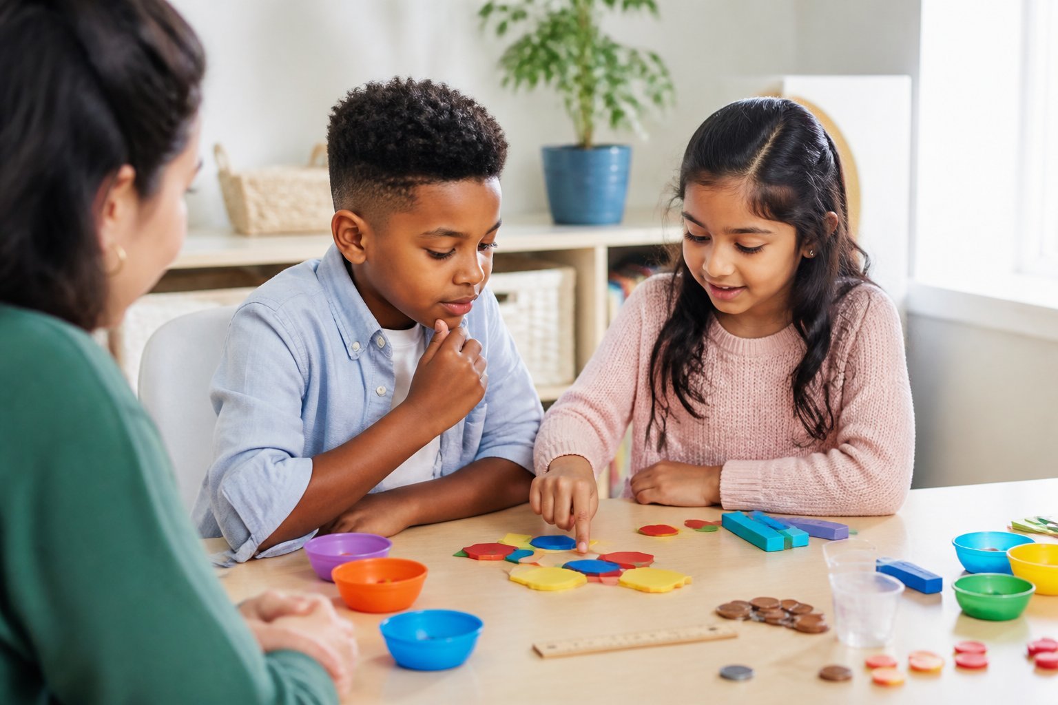 Two children work together on a hands-on maths activity at a table while an adult provides support.