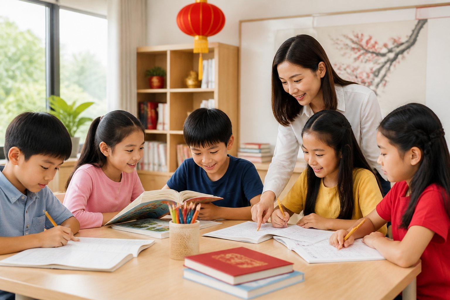 Primary school students learning Chinese together with a teacher in a bright classroom.