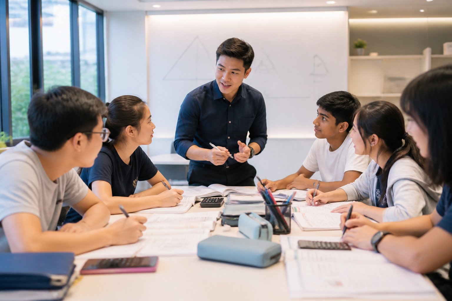 A private tutor guides a small group of students studying together around a classroom table.