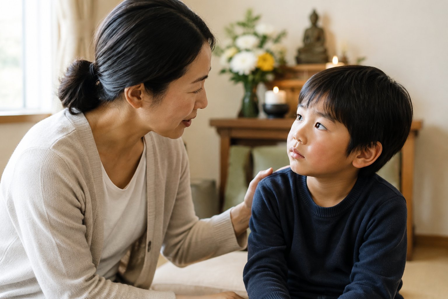 A parent gently talks with a young child in a quiet room with flowers on a small altar.